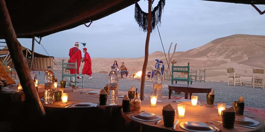 Marrakech: Dinner in Agafay Desert, Fire show & Camel Ride - Dinner in a Tent Canopy, the Sunset Timing Is the Point